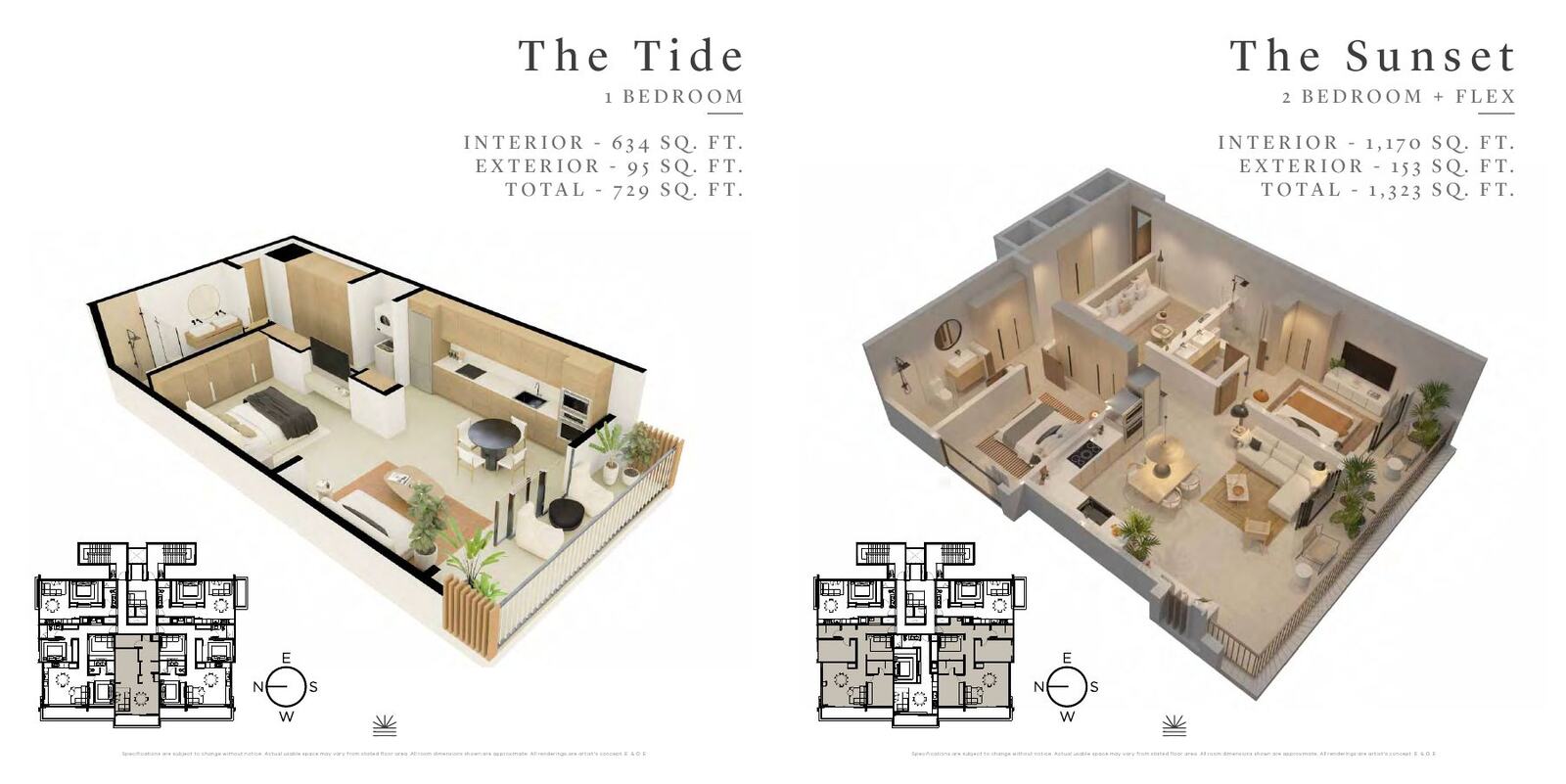 The Tide (1 bed) and The Sunset (2 bed + flex) plans